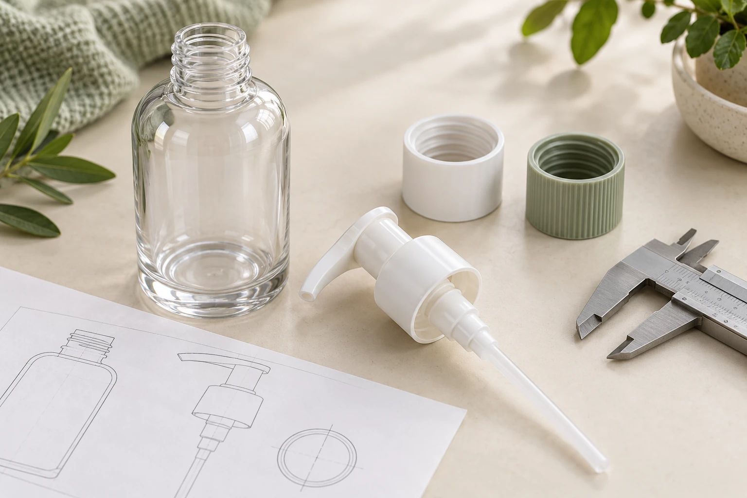 Bottle neck, separate lotion pump, closure collars and measuring tool
