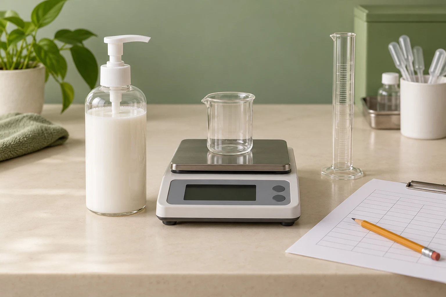 Pump, collection beaker and balance arranged for output measurement