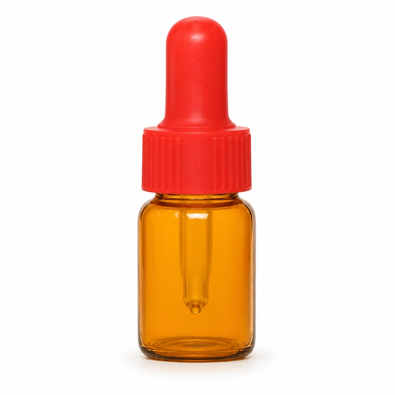 Short amber round bottle with red bulb and red ribbed collar