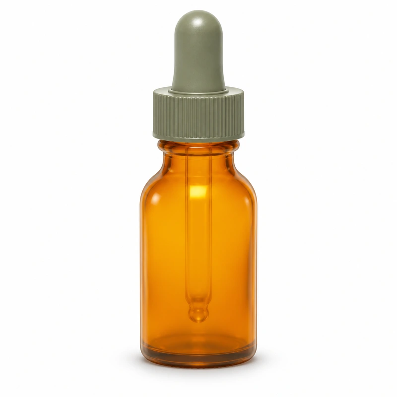 Amber round bottle with gray bulb and ribbed dark collar