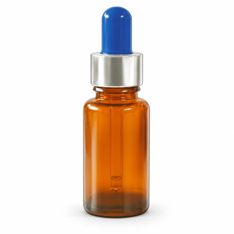 Amber round bottle with blue bulb and smooth silver collar