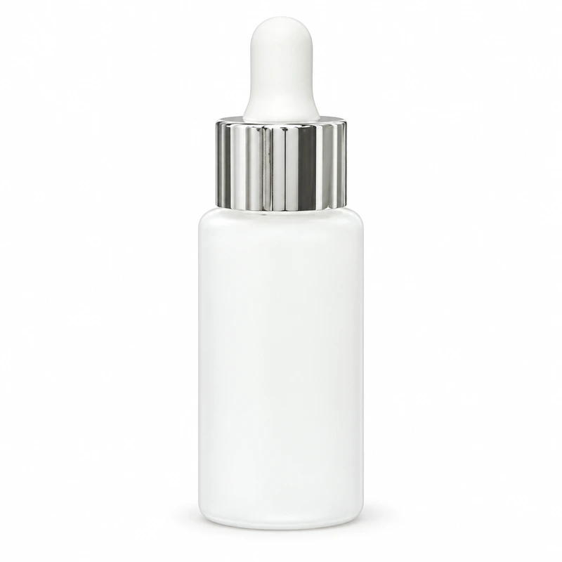 Opaque white round bottle with white bulb and ribbed silver collar