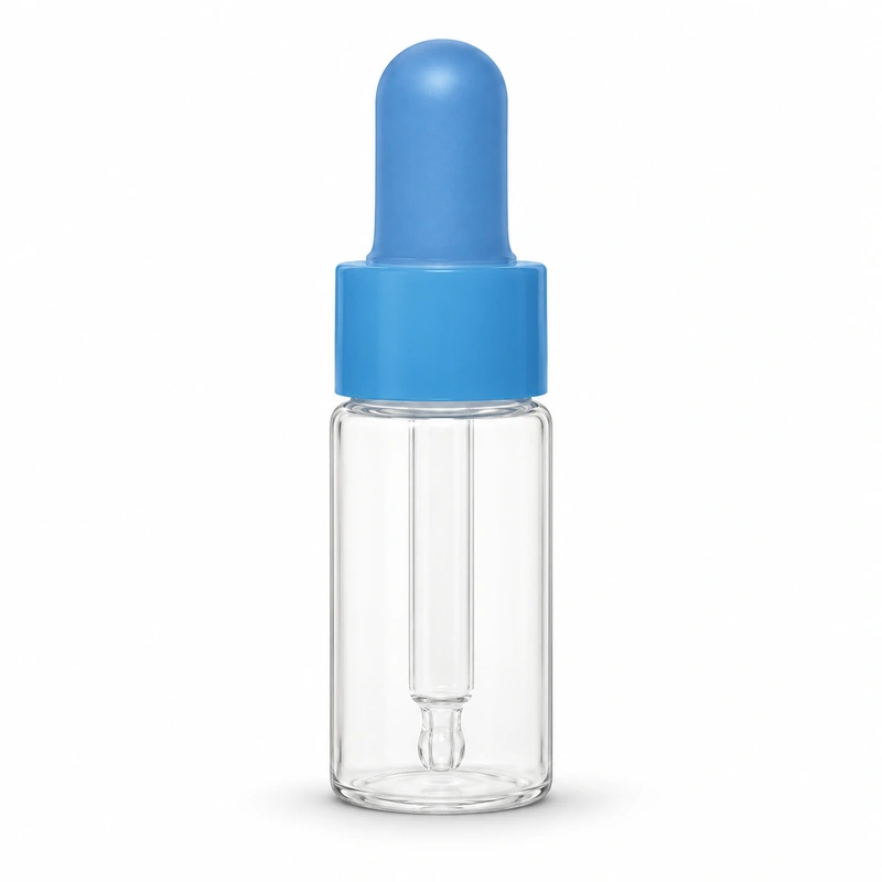 Small clear straight-sided bottle with blue bulb and blue smooth collar
