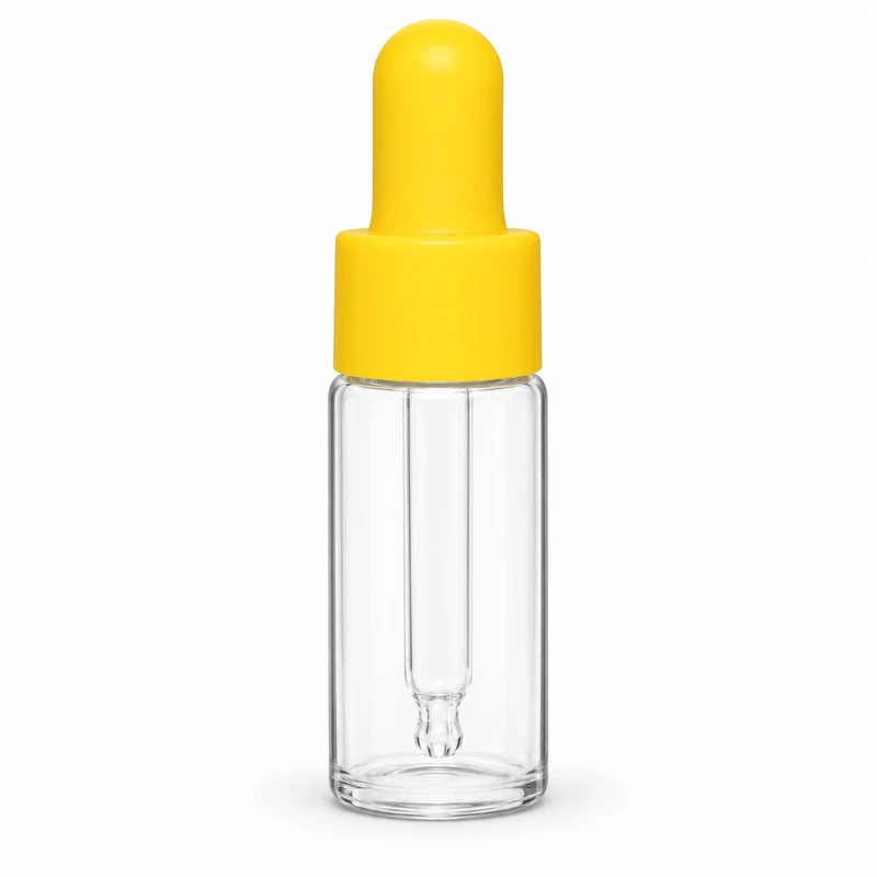 Small clear straight-sided bottle with yellow bulb and yellow smooth collar