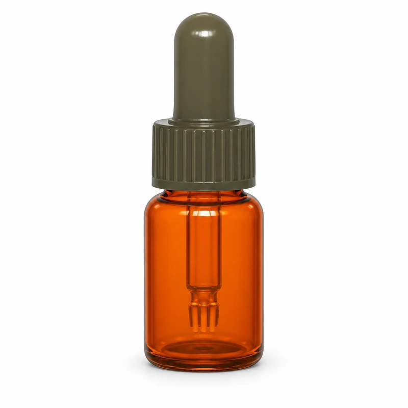 Amber cylindrical 10 ml bottle with gray bulb and dark ribbed collar