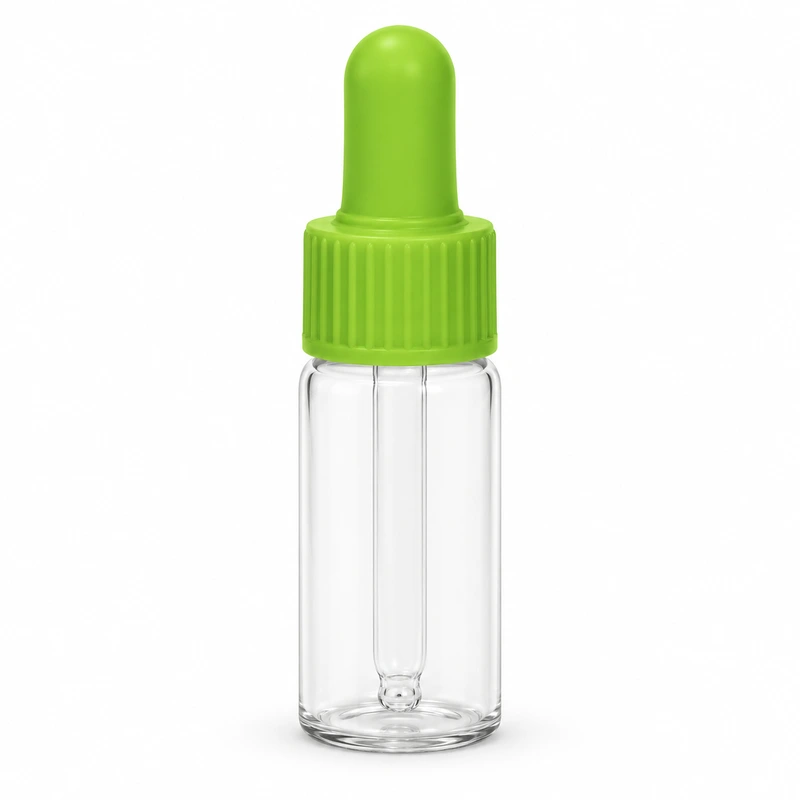 Clear cylindrical bottle with green bulb and green ribbed collar; capacity unconfirmed