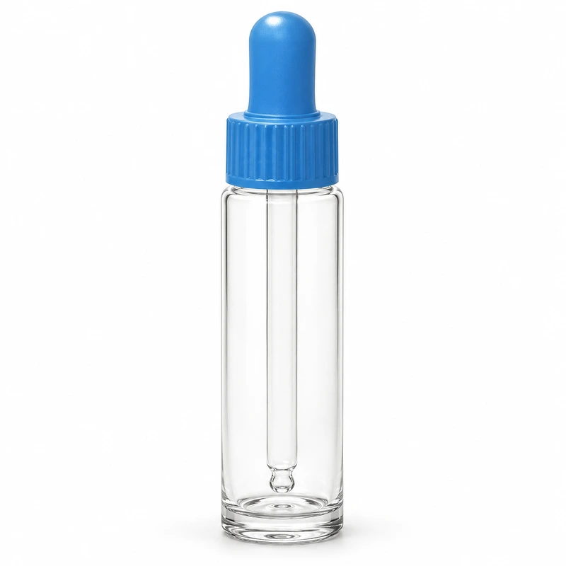 Tall clear cylindrical 20 ml bottle with blue bulb and blue ribbed collar