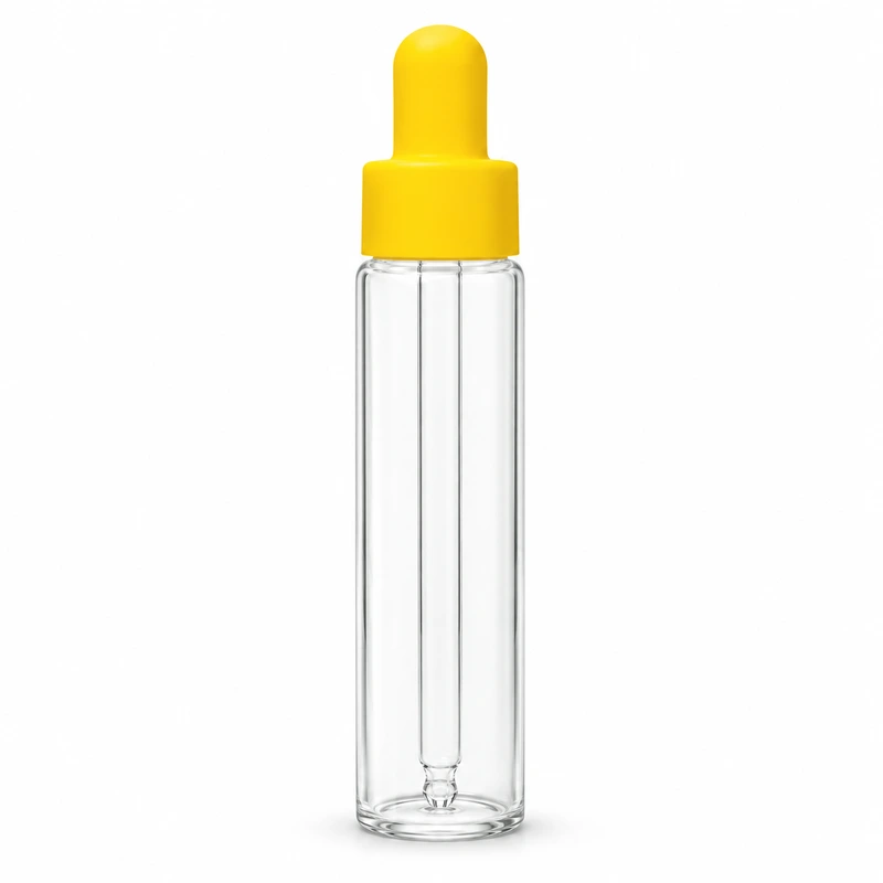 Tall clear cylindrical 30 ml bottle with yellow bulb and yellow smooth collar