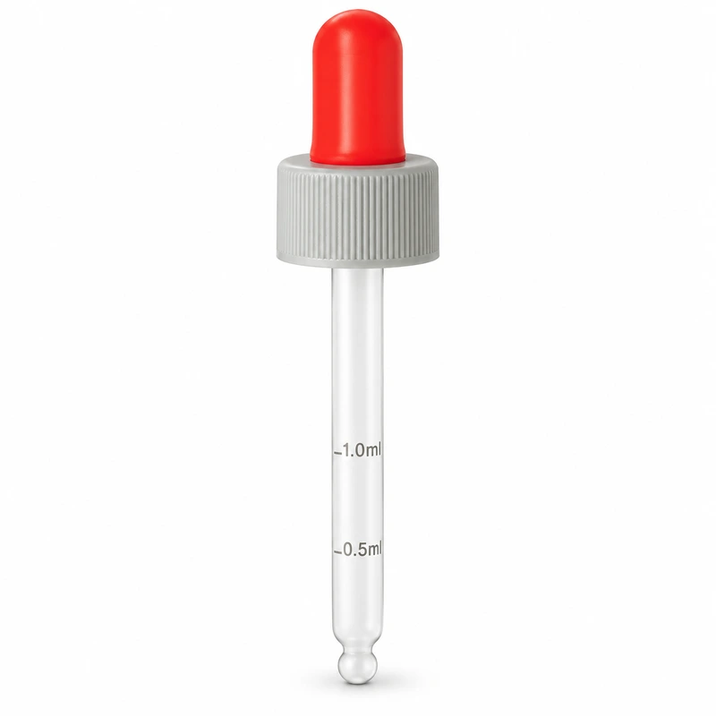 Red bulb with pale gray ribbed collar and printed pipette