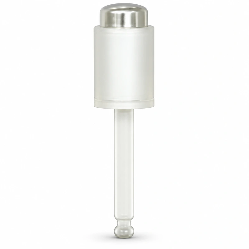 Silver push-top dropper with a white cylindrical body and rounded pipette tip