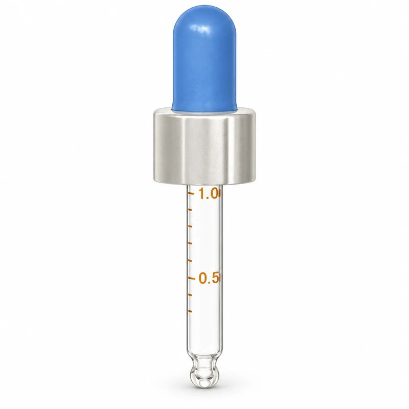 D12 · DR-02A: Blue bulb with silver smooth collar and graduated rounded-tip pipette