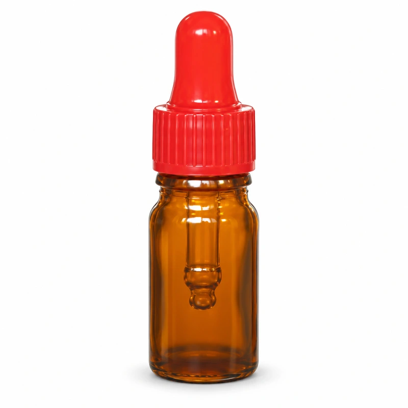 Small amber round bottle with red bulb and broad ribbed red collar