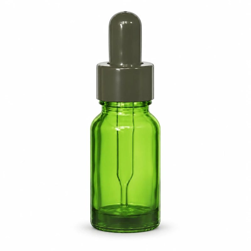 Small green round bottle with dark bulb and smooth dark collar