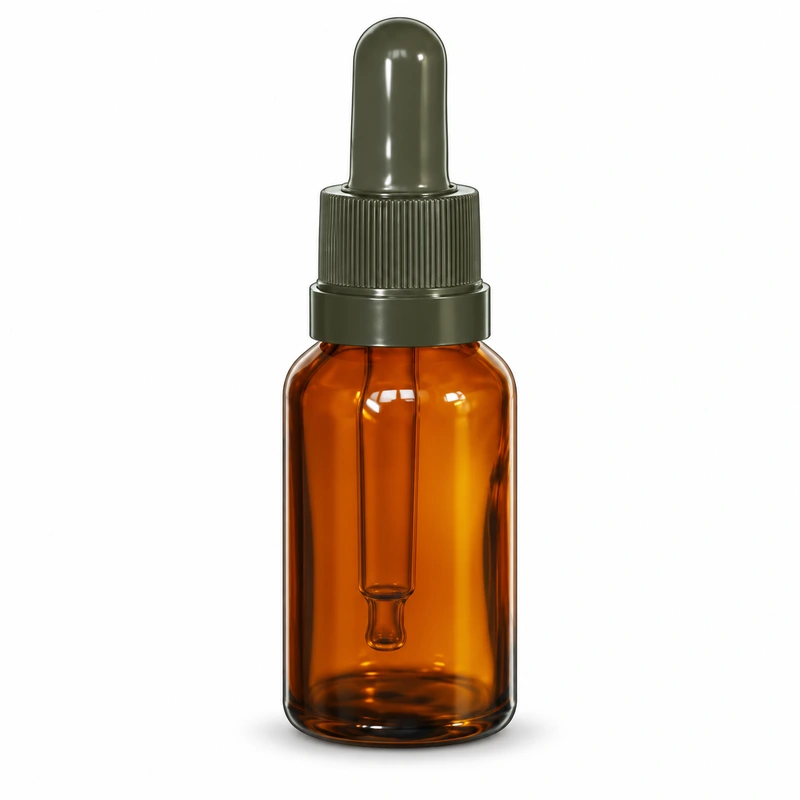 Amber round bottle with dark bulb and stepped ribbed collar