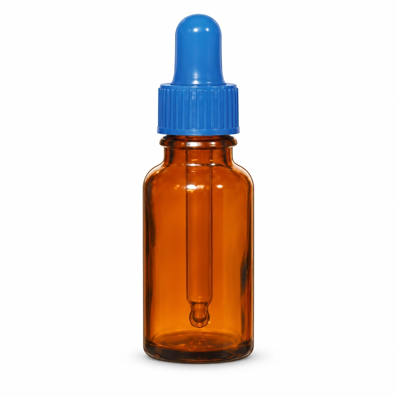 Amber round bottle with blue bulb and ribbed blue collar