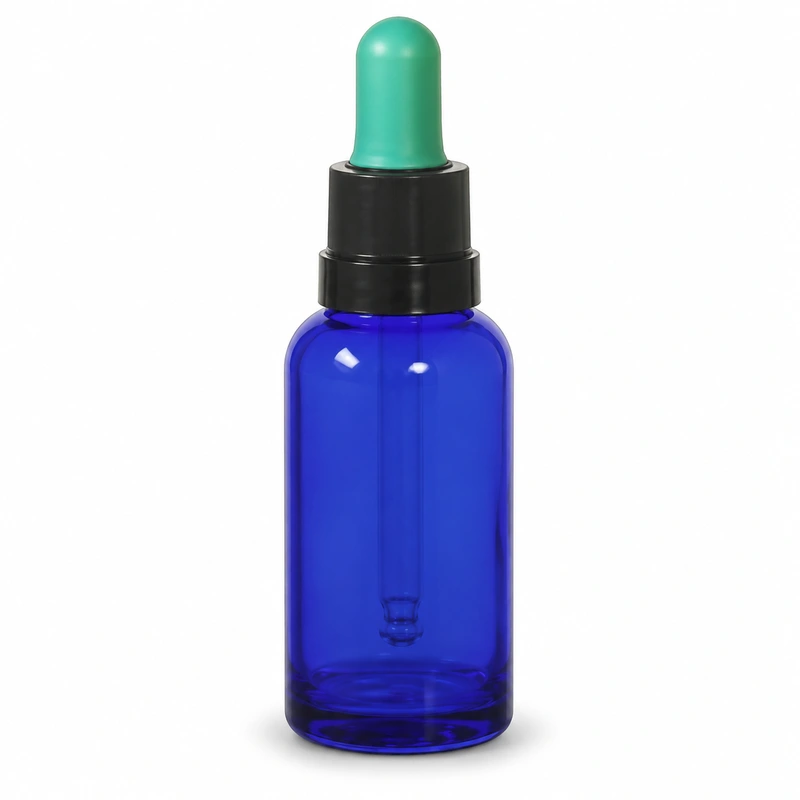 Blue round bottle with mint bulb and black stepped collar