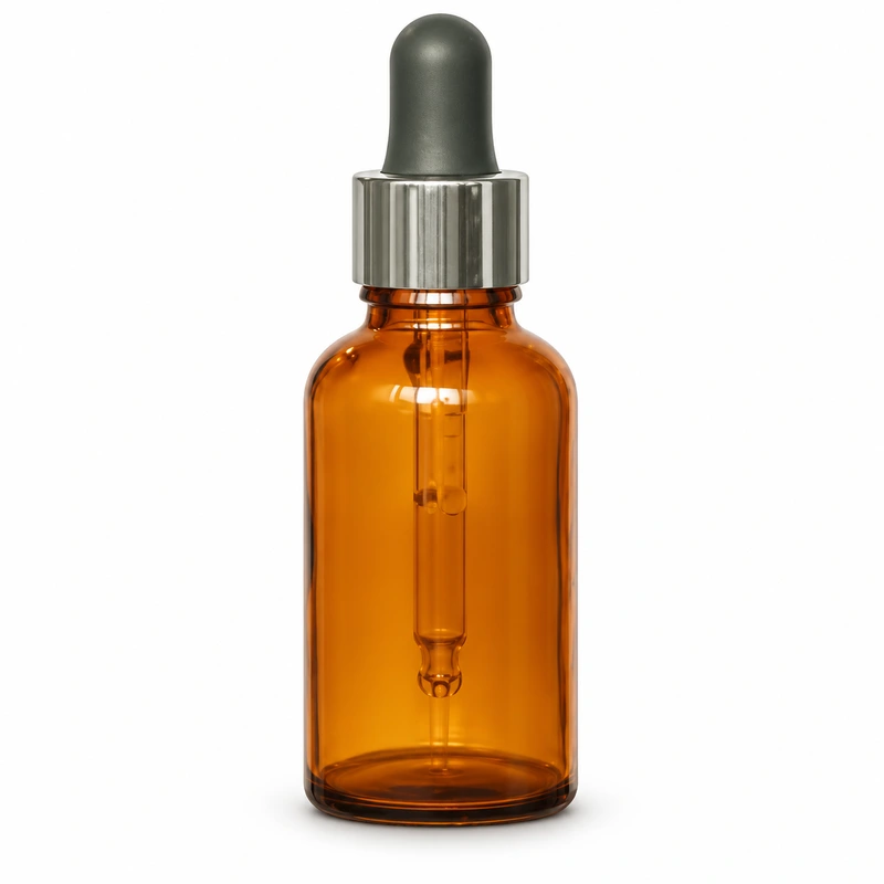 Amber round bottle with dark bulb and vertically ribbed silver collar