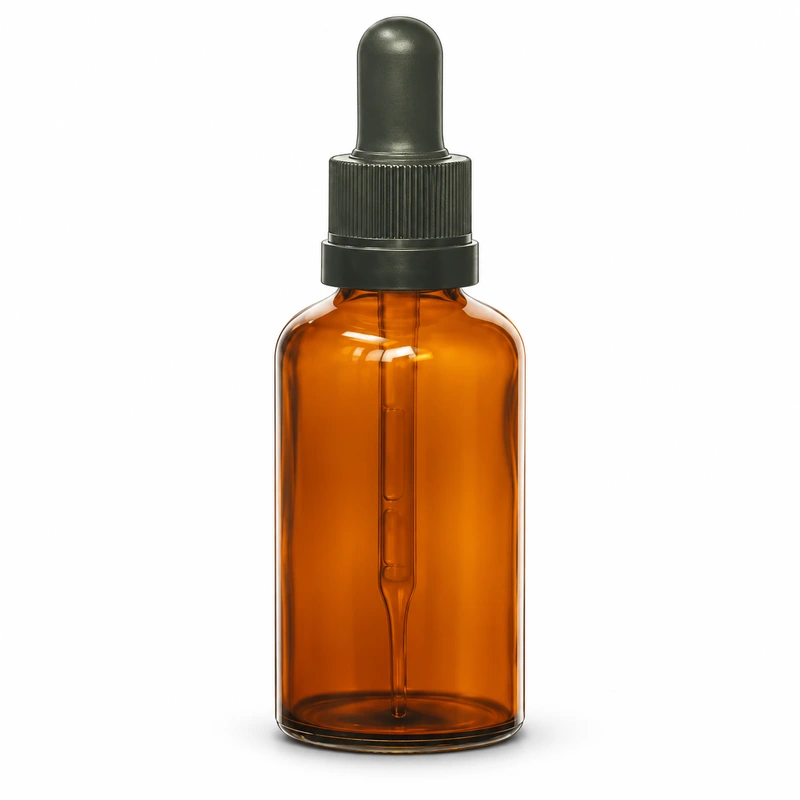 Large amber round bottle with dark bulb and stepped ribbed collar