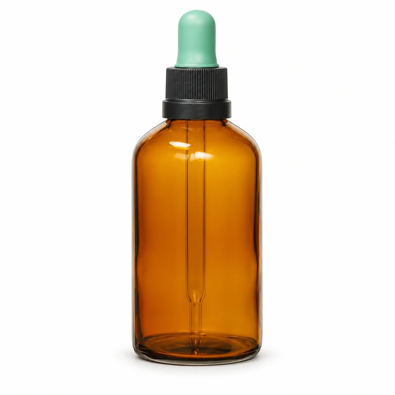 Single amber dropper bottle with mint bulb and black collar