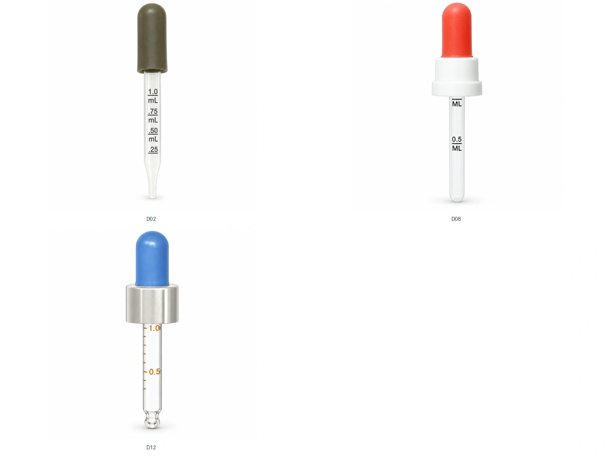 Graduated Pipette Droppers with Gray, Red and Blue Bulbs — grouped individual references