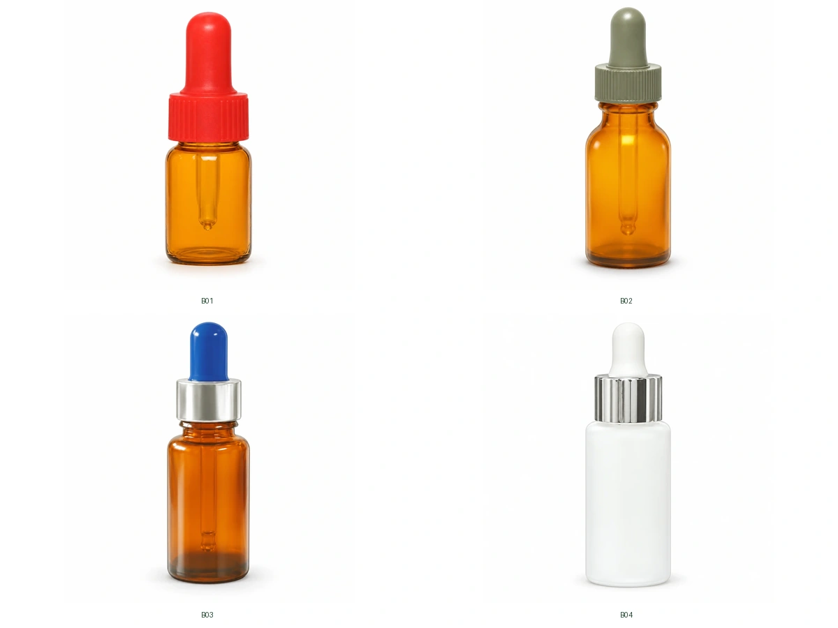 Round Amber and White Dropper Bottles with Colored Bulbs and Metallic-Look Collars — grouped individual references