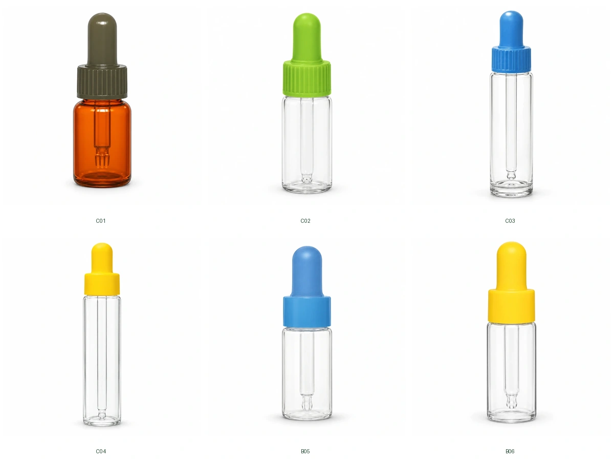 Cylindrical Dropper Bottles with Colored Bulbs — Compact and Tall Designs — grouped individual references