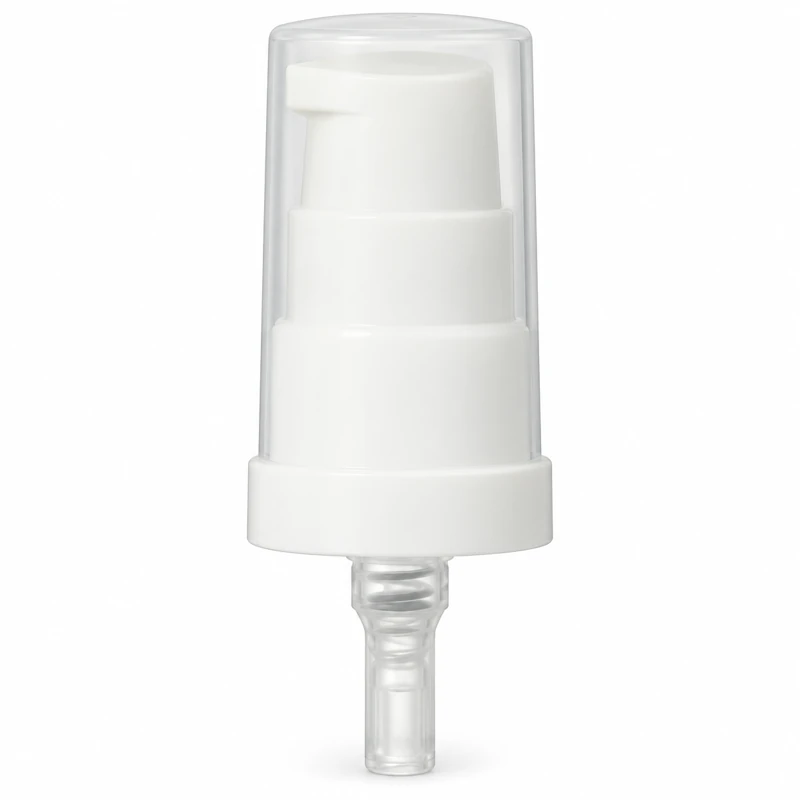 Reference 03 · 18/410T: White treatment pump with flared collar and translucent overcap