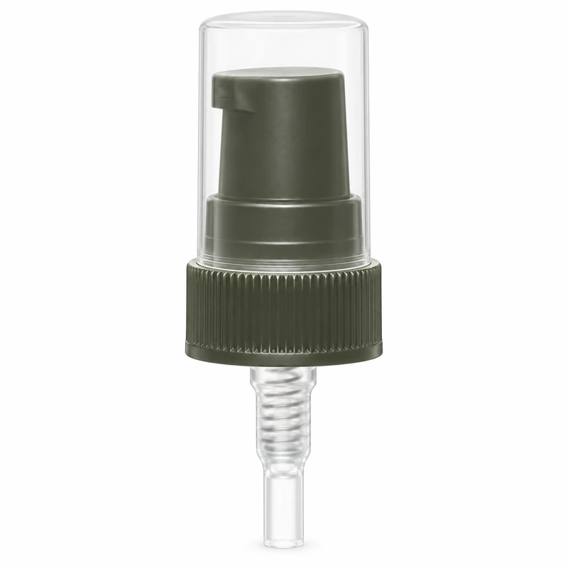 Reference 05 · 20/400: Black treatment pump with ribbed collar and clear overcap
