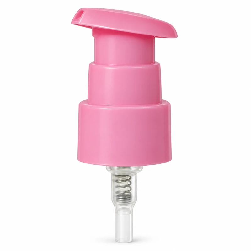 Reference 07 · 20/410: Uncapped pink treatment pump with broad sloped actuator