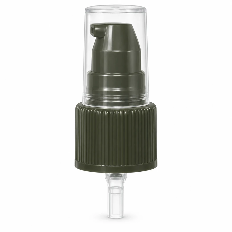 Reference 10 · 22/415: Black treatment pump with ribbed collar and clear overcap