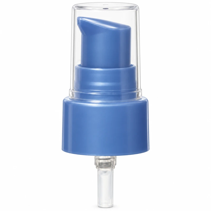 Reference 11 · 24/410s: Blue treatment pump with smooth collar, sloped actuator and clear overcap
