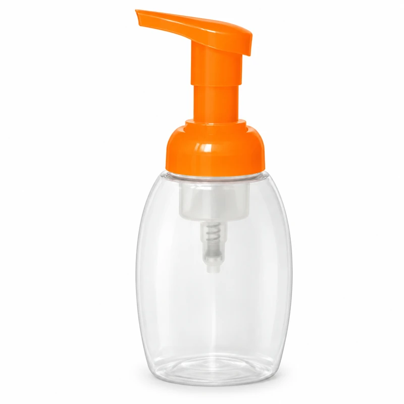 FPP-260: Clear rounded bottle with orange long-spout foaming pump