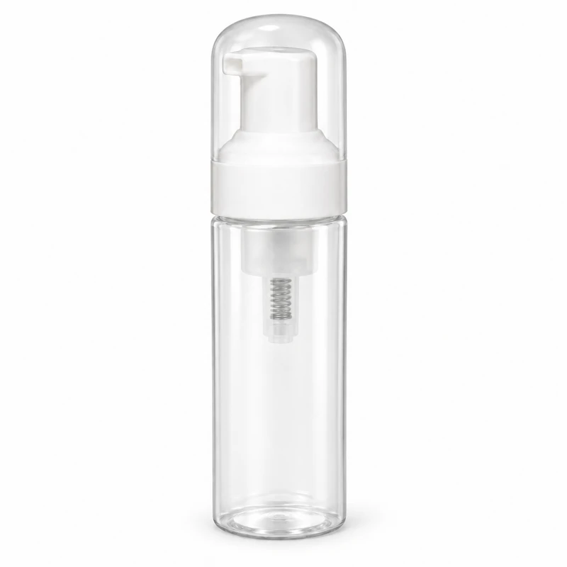 FPP-60A: Clear slim bottle with white foaming pump and translucent overcap