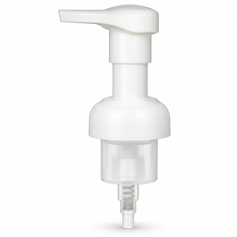 FP-40W: White foaming pump with a broad curved actuator and rounded collar