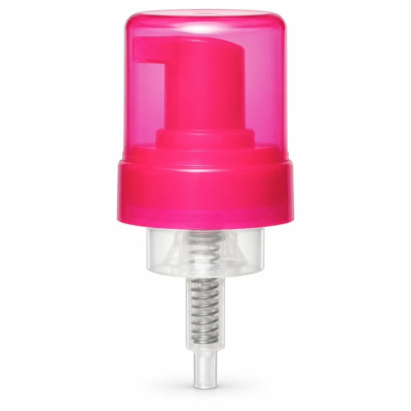 FP-43F · With overcap: Pink compact foaming pump shown with a translucent pink overcap