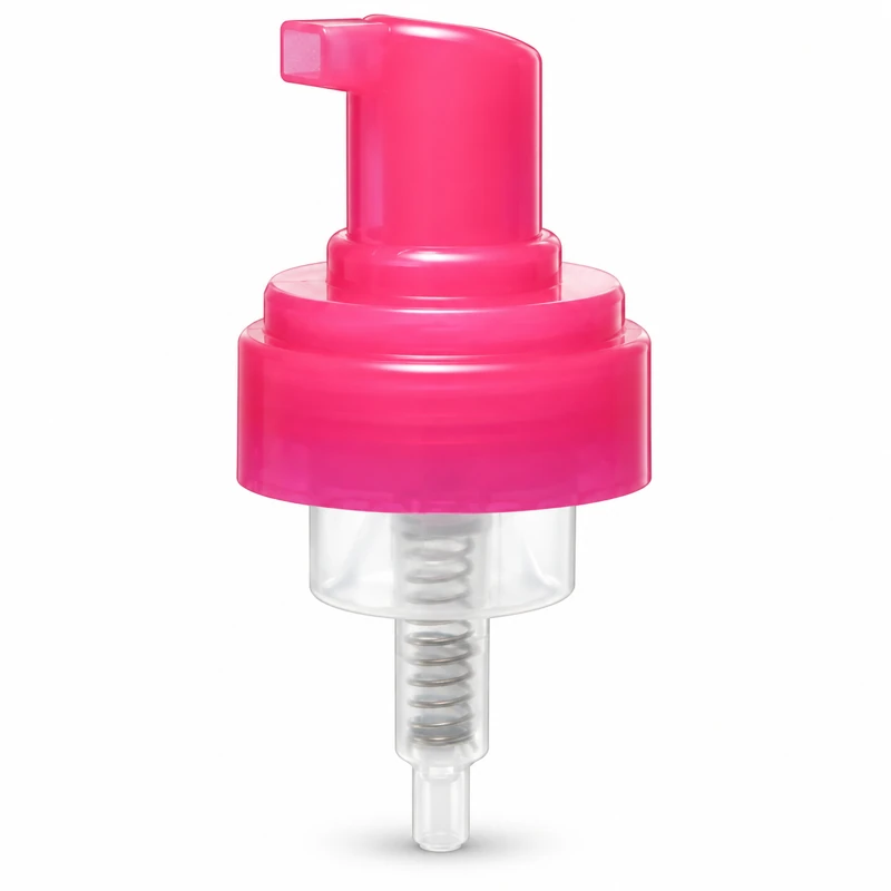 FP-43F · Without overcap: Pink compact foaming pump with a short side spout, shown without overcap