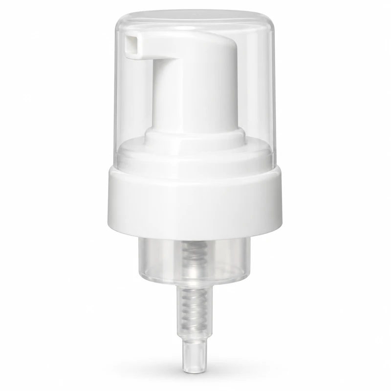 FP-43W: White compact foaming pump with a short side spout and clear overcap