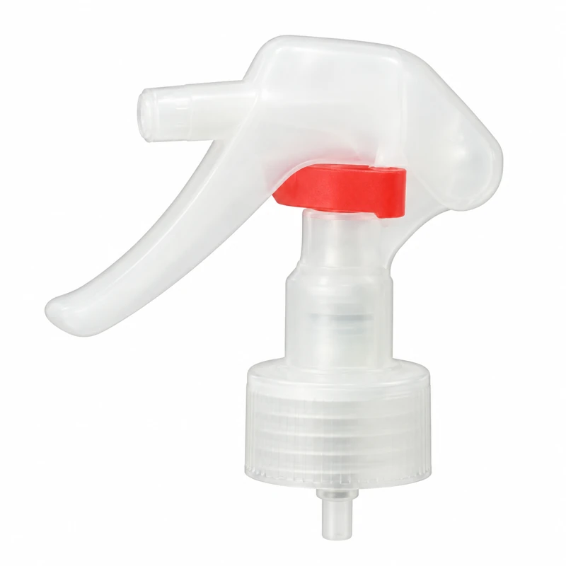 SP-1B: Compact white trigger sprayer with a red insert and translucent threaded collar