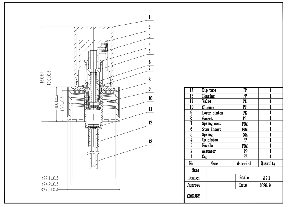 Fine mist sprayer section drawing with thirteen numbered components and dimension callouts