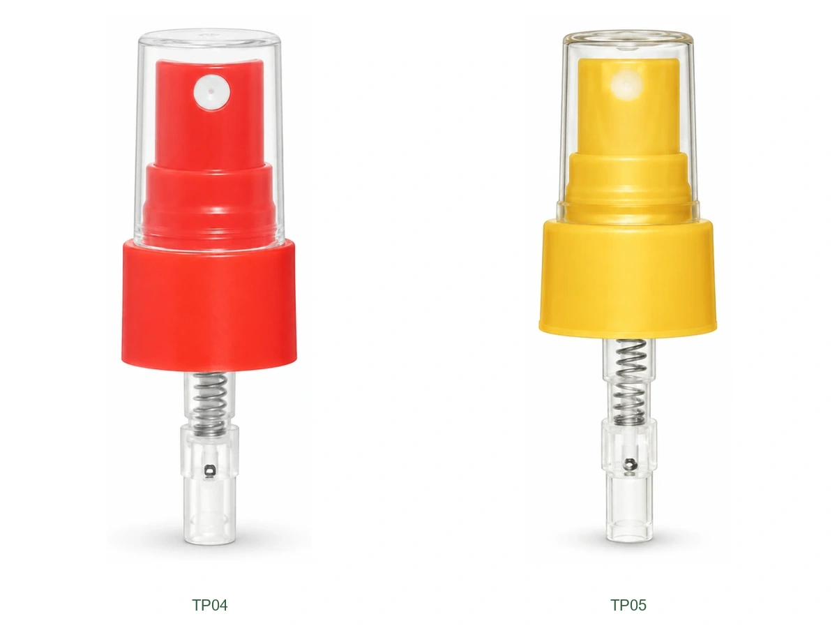 Fine Mist Sprayers with Red or Yellow Smooth Collars and Clear Caps — two individual appearance references