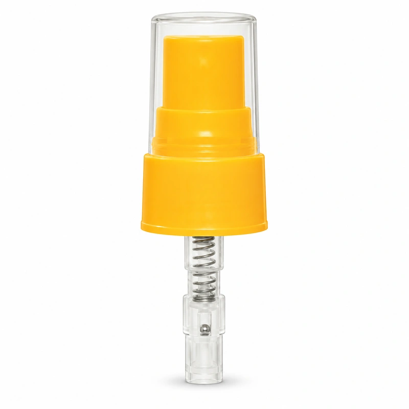Yellow-orange fine mist sprayer with flat-top clear cap, smooth collar and long clear lower housing
