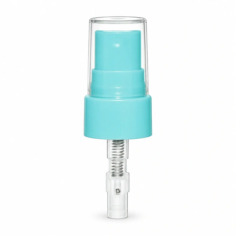 Mint fine mist sprayer with flat-top clear cap, smooth collar and long clear lower housing