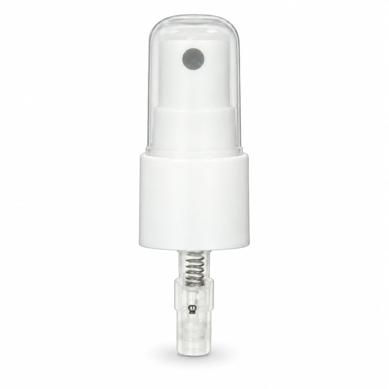 TP03: White fine mist sprayer with rounded translucent cap, smooth collar and short lower housing