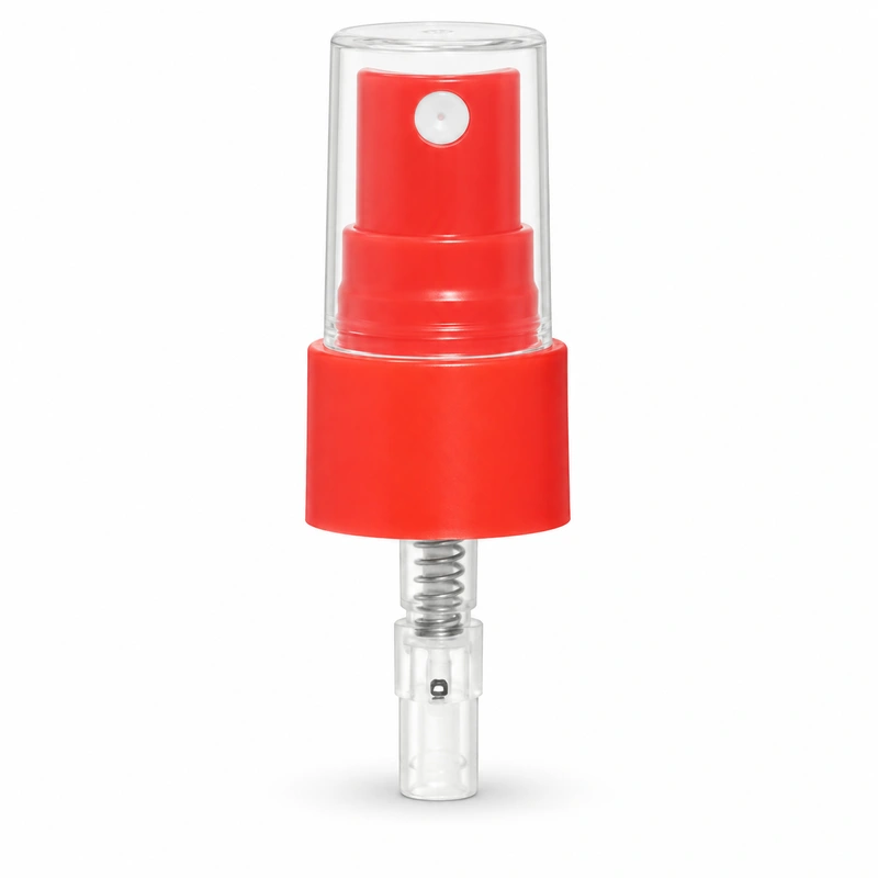TP04: Red fine mist sprayer with flat-top clear cap, smooth collar and short lower housing
