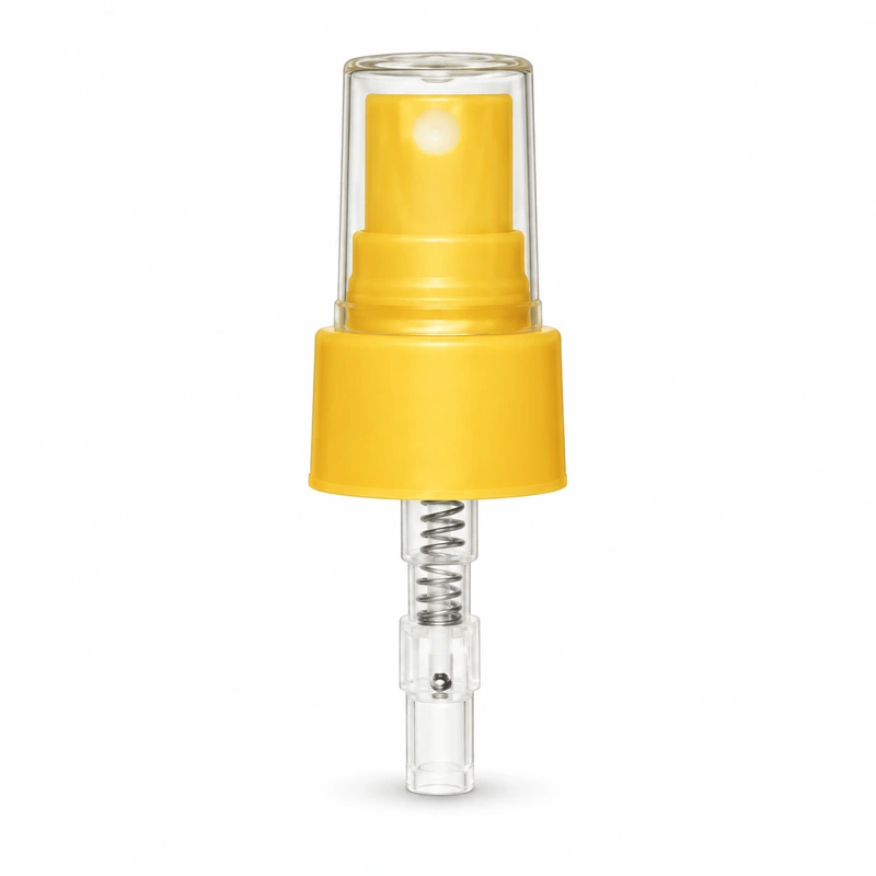 TP05: Yellow fine mist sprayer with flat-top clear cap, smooth collar and long lower housing