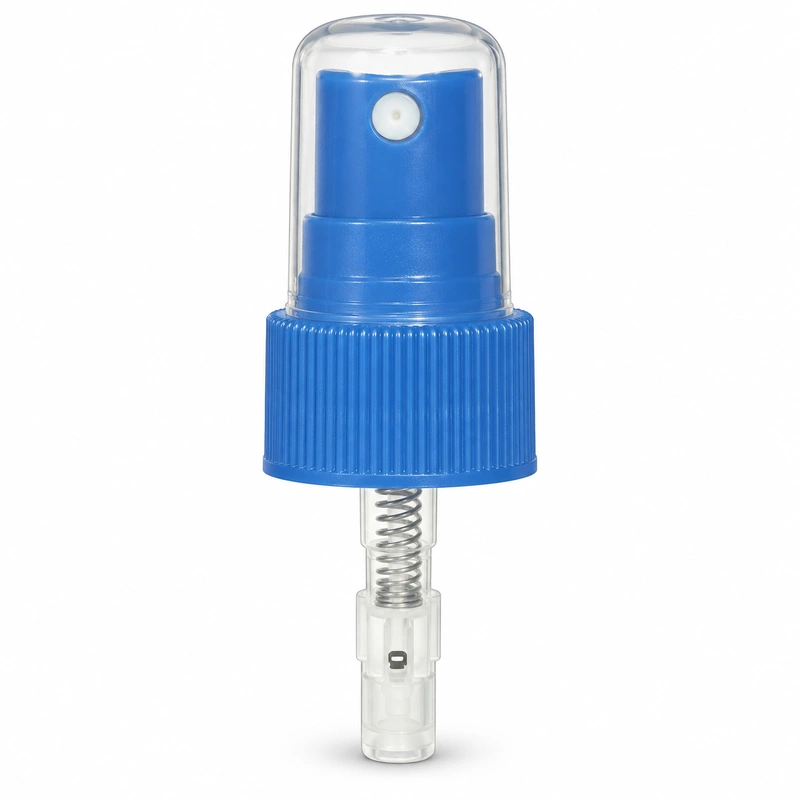TP06: Blue fine mist sprayer with rounded clear cap and vertically ribbed blue collar