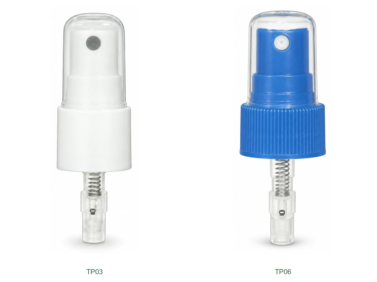 Fine Mist Sprayers with Rounded Caps — White Smooth and Blue Ribbed Collars — two individual appearance references