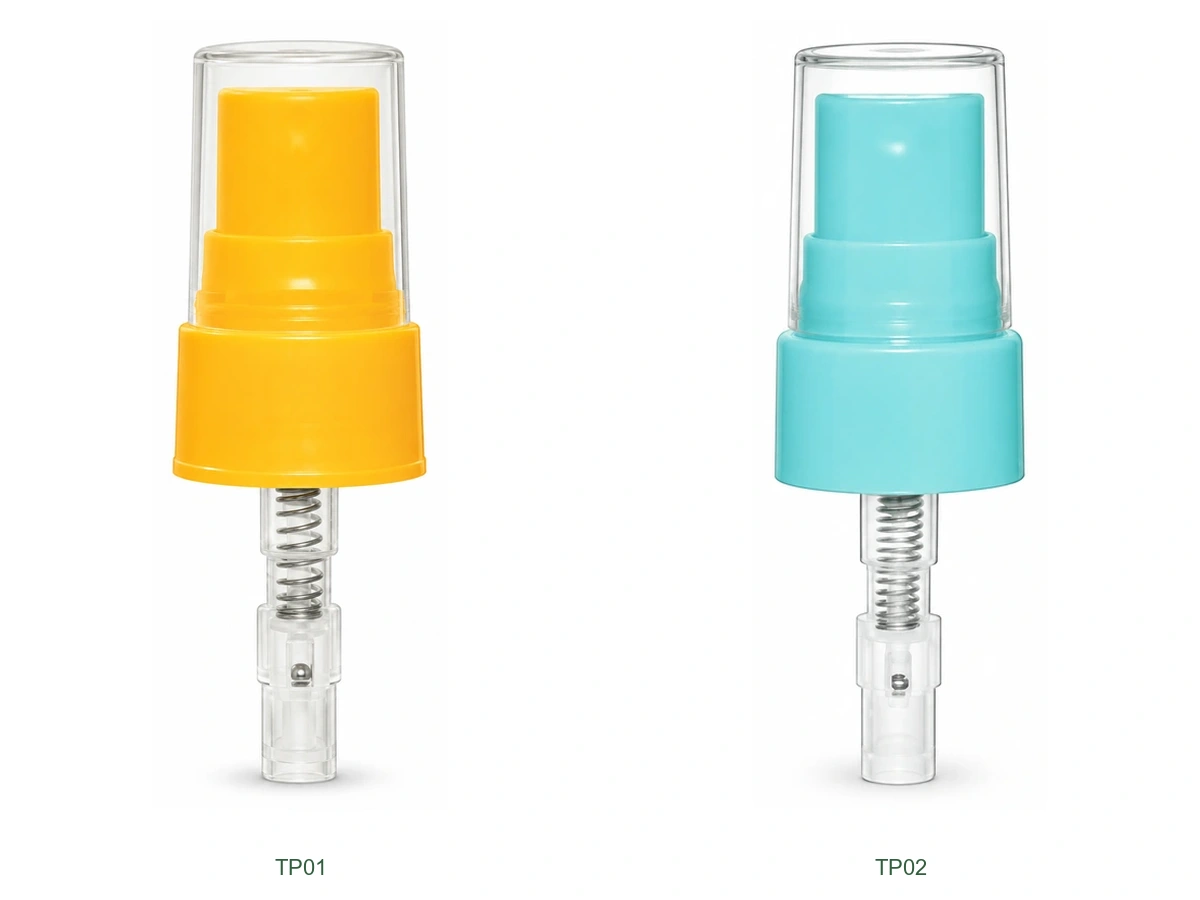 Fine Mist Sprayers with Flat Clear Caps and Smooth Yellow or Mint Collars — two individual appearance references